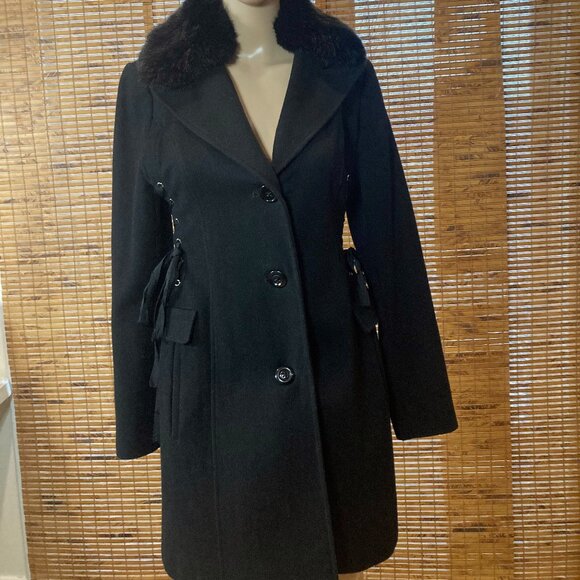 Betsey Johnson Black Lace-Up Side Wool-Blend Coat - Picture 1 of 10